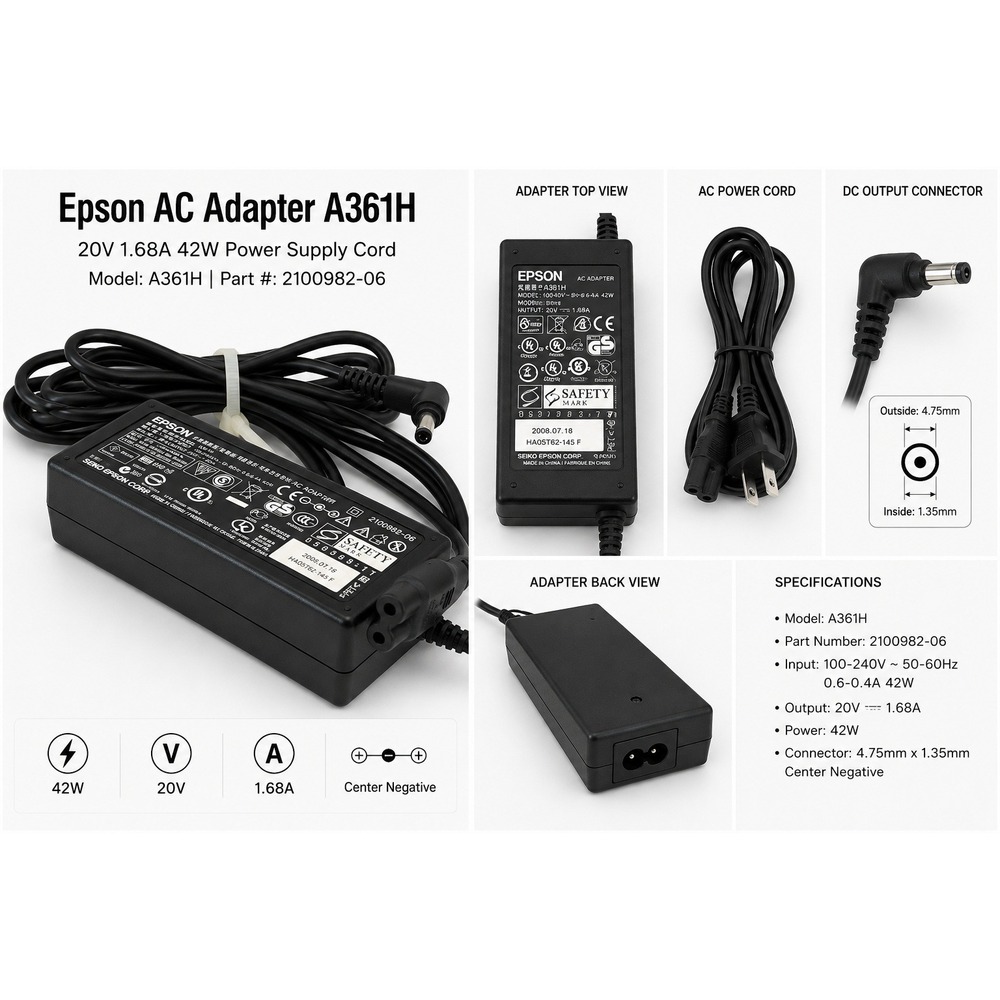 Epson AC Adapter A361H 20V 1.68A 42W Power Supply Cord 2100982-06 Black